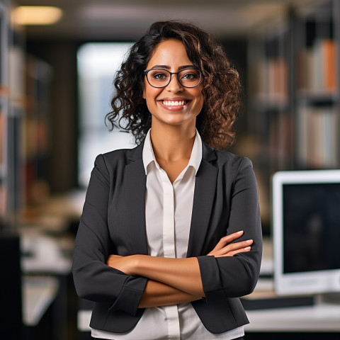 Friendly smiling beautiful woman banking and finance chief risk officer at work on blured background