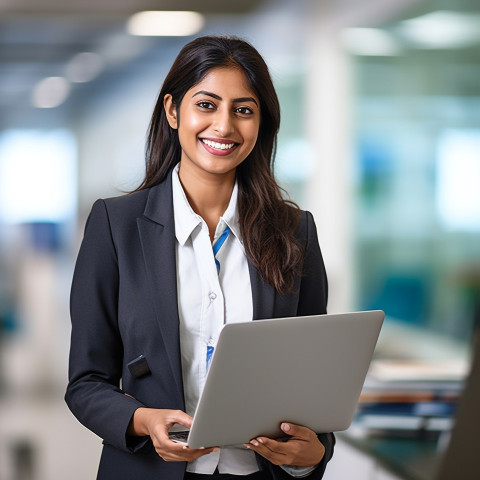 Riendly smiling beautiful indian woman banking and finance marketing manager at work on  blured background