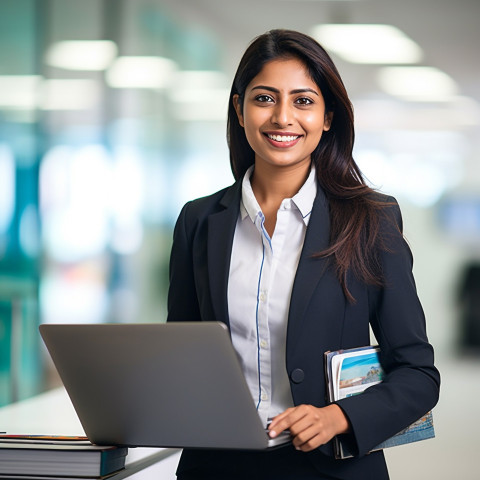 Riendly smiling beautiful indian woman banking and finance marketing manager at work on  blured background