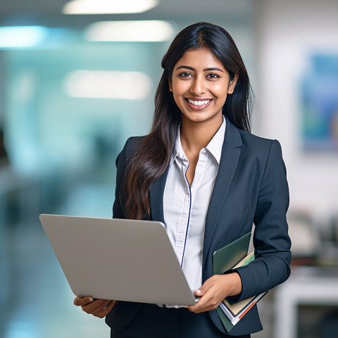 Riendly smiling beautiful indian woman banking and finance marketing manager at work on  blured background