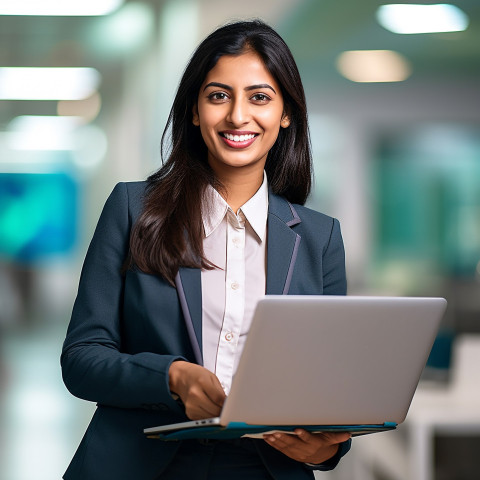 Riendly smiling beautiful indian woman banking and finance marketing manager at work on  blured background