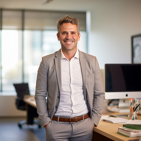 Friendly smiling handsome man banking and finance chief operating officer at work on blured background