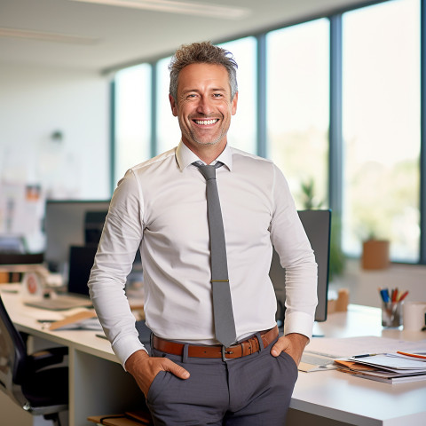 Friendly smiling handsome man banking and finance chief operating officer at work on blured background