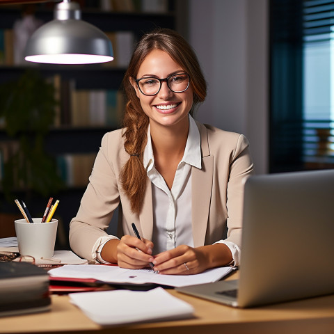 Friendly smiling beautiful woman banking and finance tax specialist at work on blured background