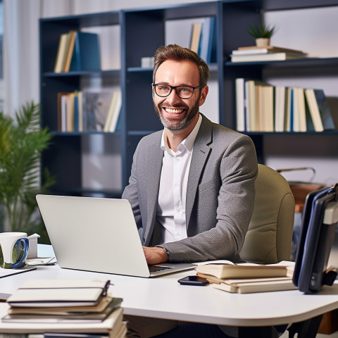 Friendly smiling handsome man banking and finance tax specialist at work on blured background