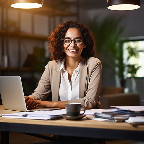 Friendly smiling beautiful woman banking and finance tax specialist at work on blured background