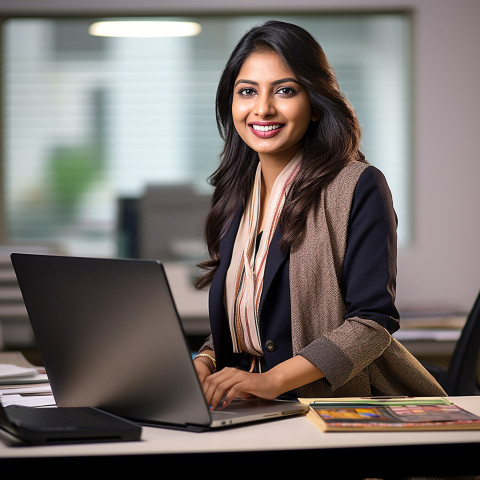 Friendly smiling beautiful indian woman banking and finance financial planner at work on blured background