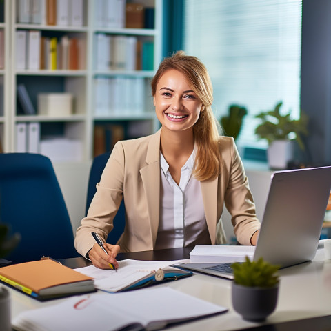 Friendly smiling beautiful woman banking and finance tax specialist at work on blured background