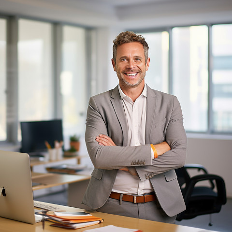 Friendly smiling handsome man banking and finance chief operating officer at work on blured background