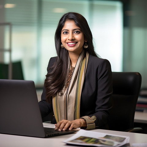 Friendly smiling beautiful indian woman banking and finance financial planner at work on blured background