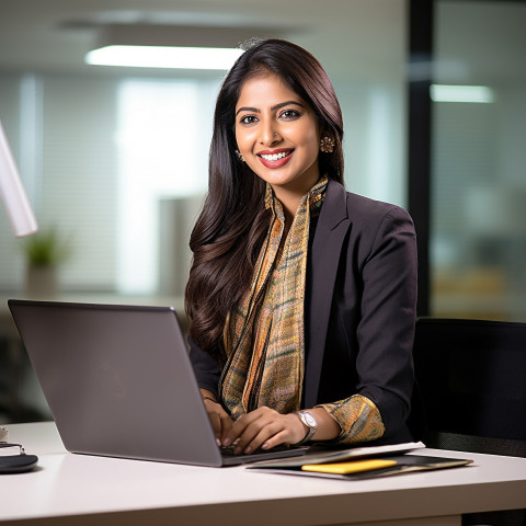 Friendly smiling beautiful indian woman banking and finance financial planner at work on blured background