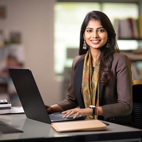 Friendly smiling beautiful indian woman banking and finance financial planner at work on blured background