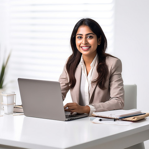 Friendly smiling beautiful indian woman banking and finance fund manager at work on blured background