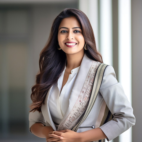 Friendly smiling beautiful indian woman banking and finance administrative assistant at work on blured background