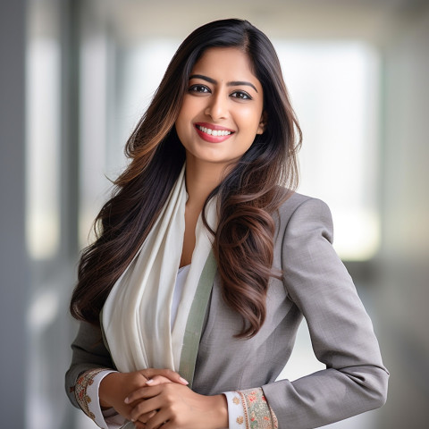 Friendly smiling beautiful indian woman banking and finance administrative assistant at work on blured background