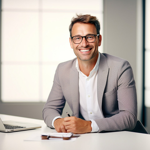 Friendly smiling handsome man banking and finance fund manager at work on blured background