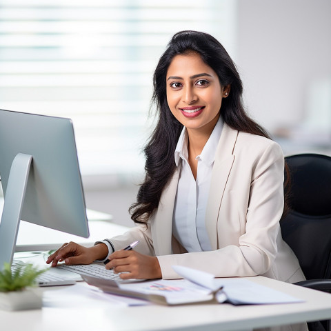 Friendly smiling beautiful indian woman banking and finance fund manager at work on blured background