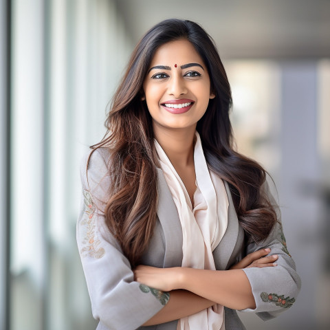 Friendly smiling beautiful indian woman banking and finance administrative assistant at work on blured background