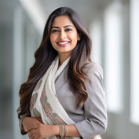 Friendly smiling beautiful indian woman banking and finance administrative assistant at work on blured background