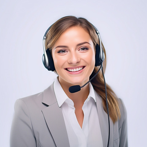 Friendly smiling beautiful woman banking and finance call center representative at work on blured background