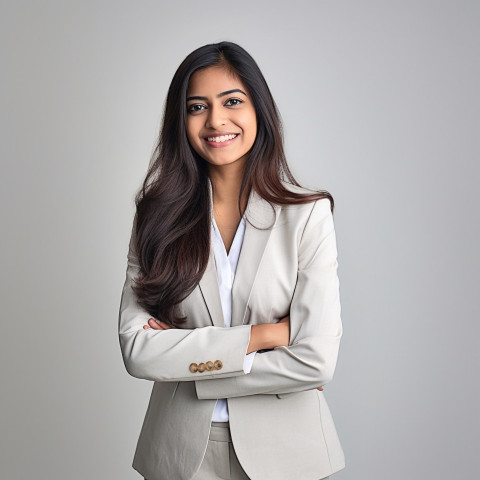 Friendly smiling beautiful indian woman banking and finance recruiter at work on blured background