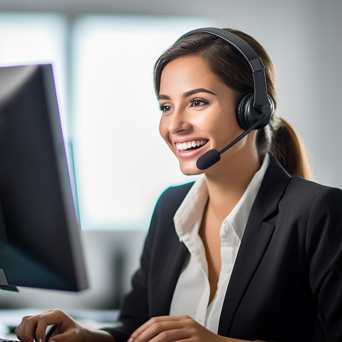 Friendly smiling beautiful woman banking and finance call center representative at work on blured background