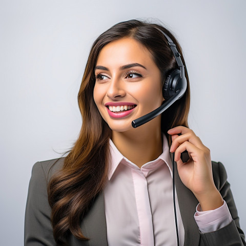 Friendly smiling beautiful woman banking and finance call center representative at work on blured background