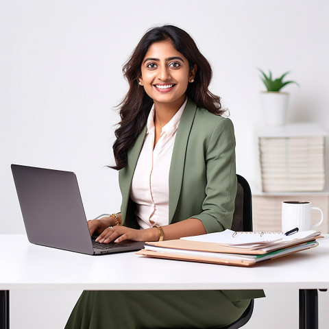 Friendly smiling beautiful indian woman banking and finance fund manager at work on blured background