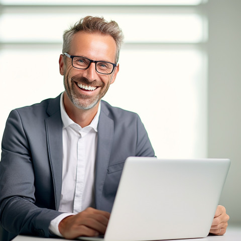 Friendly smiling handsome man banking and finance cybersecurity expert at work on blured background