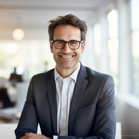 Friendly smiling handsome man banking and finance investment banker at work on blured background