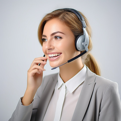 Friendly smiling beautiful woman banking and finance call center representative at work on blured background