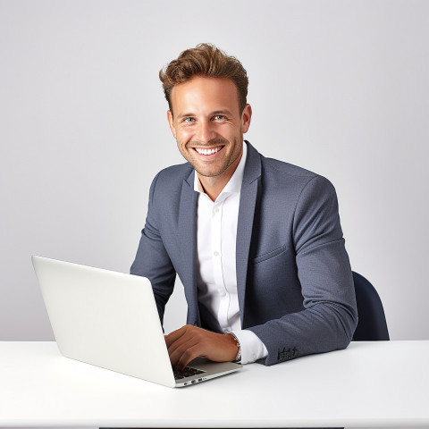 Friendly smiling handsome man banking and finance investment banker at work on blured background