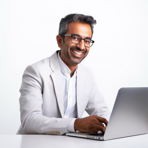 Friendly smiling handsome indian man banking and finance cybersecurity expert at work on blured background