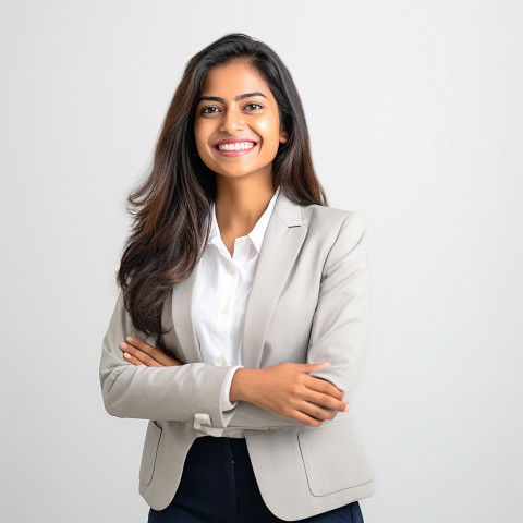 Friendly smiling beautiful indian woman banking and finance chief investment officer at work on blured background