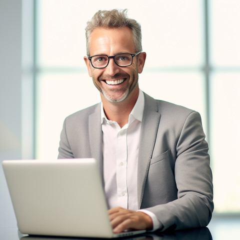 Friendly smiling handsome man banking and finance cybersecurity expert at work on blured background Friendly smiling handsome man banking and finance cybersecurity expert at work on blured background