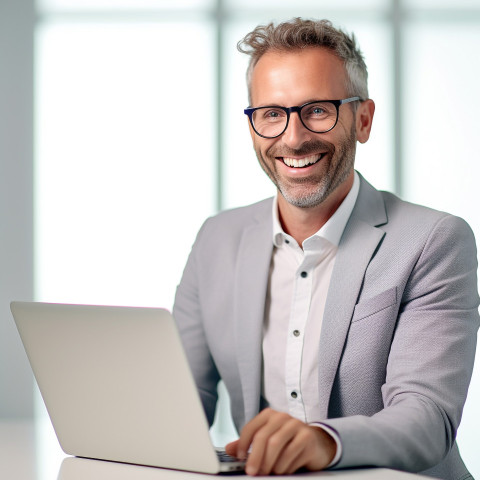 Friendly smiling handsome man banking and finance cybersecurity expert at work on blured background Friendly smiling handsome man banking and finance cybersecurity expert at work on blured background