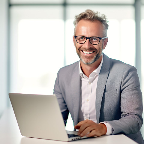 Friendly smiling handsome man banking and finance cybersecurity expert at work on blured background Friendly smiling handsome man banking and finance cybersecurity expert at work on blured background