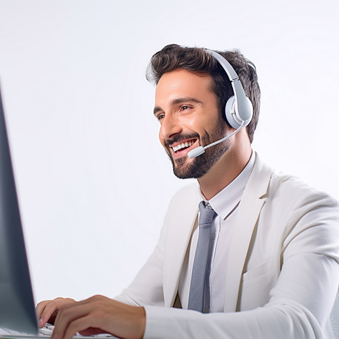 Friendly smiling handsome man banking and finance call center representative at work on blured background