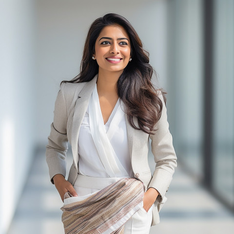 Friendly smiling beautiful indian woman banking and finance investment banker at work on blured background