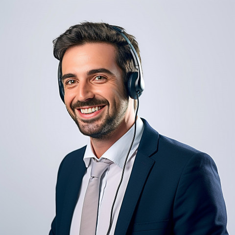 Friendly smiling handsome man banking and finance call center representative at work on blured background