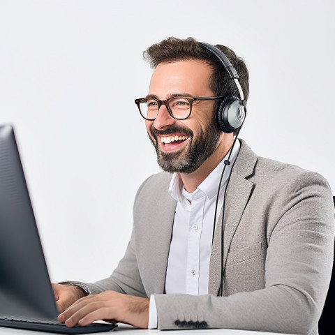 Friendly smiling handsome man banking and finance call center representative at work on blured background