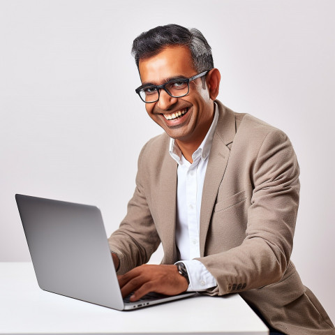 Friendly smiling handsome indian man banking and finance cybersecurity expert at work on blured background