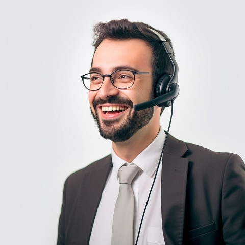 Friendly smiling handsome man banking and finance call center representative at work on blured background