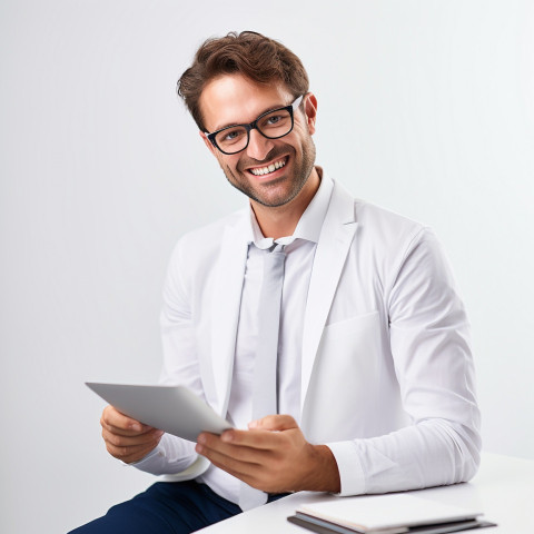 Friendly smiling handsome man banking and finance financial controller at work on blured background