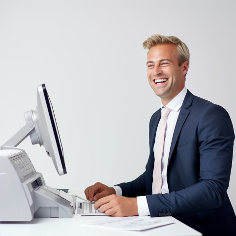 Friendly smiling handsome man banking and finance financial controller at work on blured background