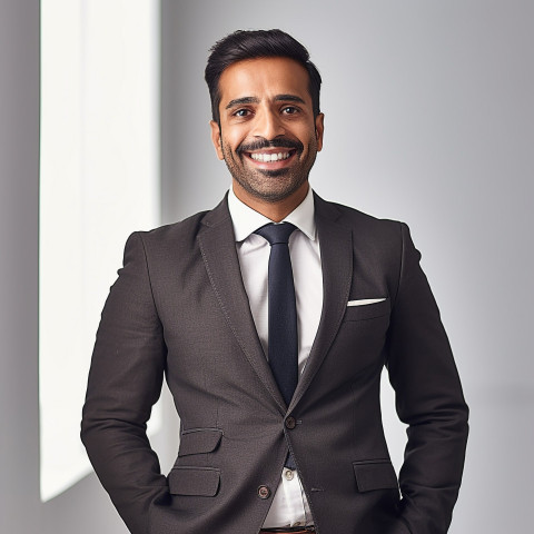 Friendly smiling handsome indian man banking and finance client relationship manager at work blured background