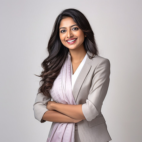 Friendly smiling beautiful indian woman banking and finance client relationship manager at work on blured background