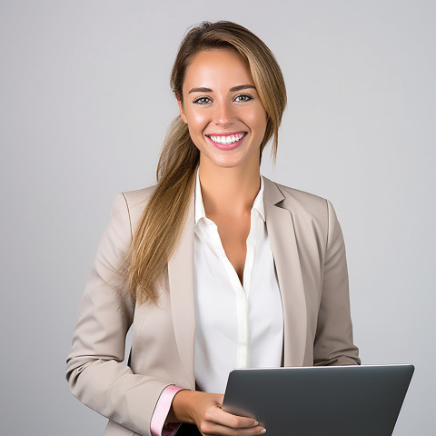 Friendly smiling beautiful woman banking and finance relationship manager at work on blured background