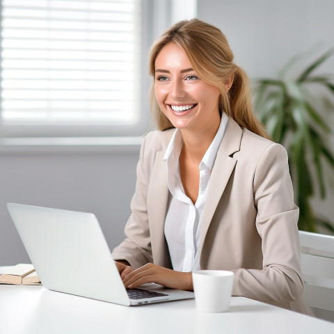 Friendly smiling beautiful woman banking and finance relationship manager at work on blured background