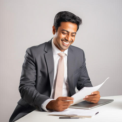 Friendly smiling handsome indian man banking and finance chief investment officer at work on blured background